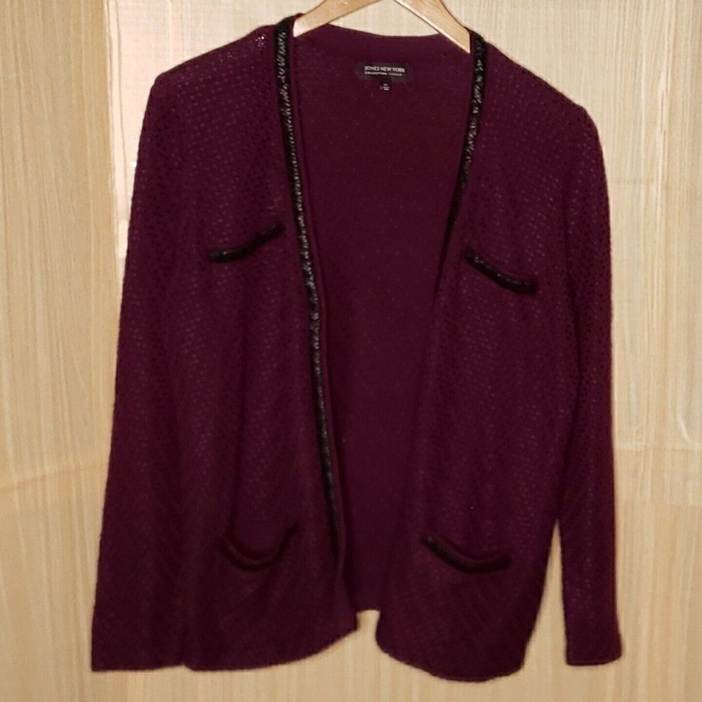 Jones New York Plus Womens Purple Cardigan Sweater With Faux Leather Trim 0X